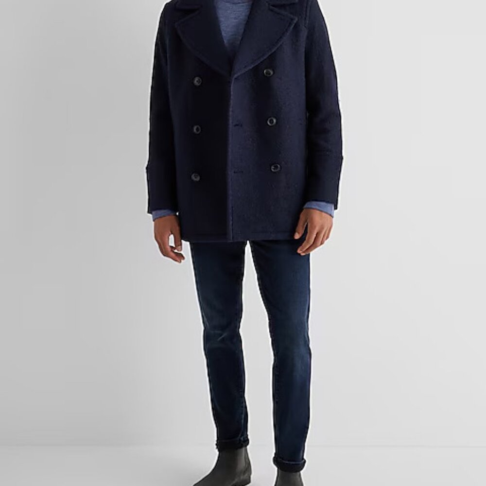 NWT Express Double Breasted Textured Boucle Wool-Blend Peacoat (Navy) - Picture 5 of 9
